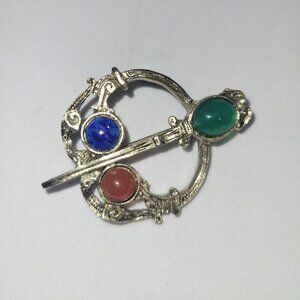 Vintage Celtic Irish Tara Brooch * Silvertone Sword and Shield Scarf Holder Pin